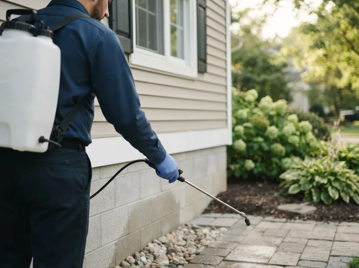 Pest control technician inspecting a home in Waterford, OH
